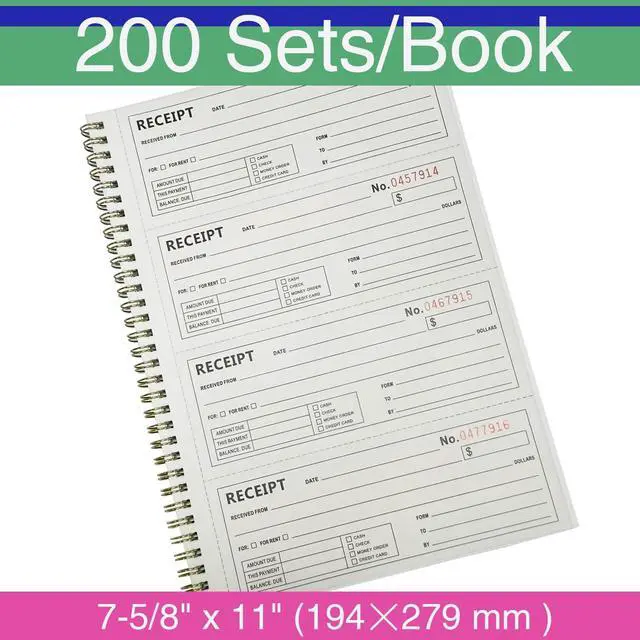 Alt view image 3 of 7 - Money and Rent Receipt Books - Receipt Book with 2 Part Carbonless Copies, 7-5/8" x 11", Wraparound Cover, Spiral Bound 200 Sets per Book, 4 Receipts per Page (1 Pack