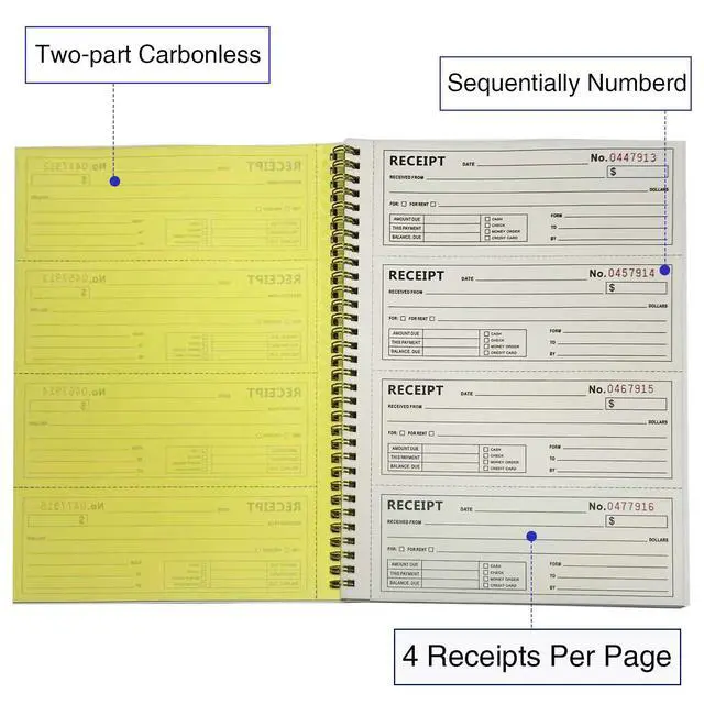 Alt view image 4 of 7 - Money and Rent Receipt Books - Receipt Book with 2 Part Carbonless Copies, 7-5/8" x 11", Wraparound Cover, Spiral Bound 200 Sets per Book, 4 Receipts per Page (1 Pack