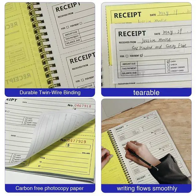 Alt view image 5 of 7 - Money and Rent Receipt Books - Receipt Book with 2 Part Carbonless Copies, 7-5/8" x 11", Wraparound Cover, Spiral Bound 200 Sets per Book, 4 Receipts per Page (1 Pack