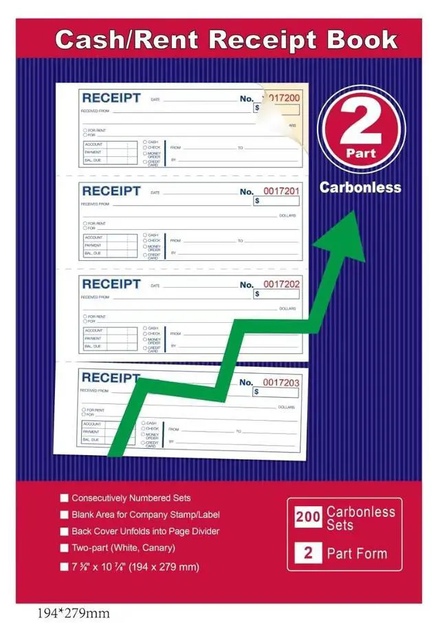 Alt view image 7 of 7 - Money and Rent Receipt Book 2-Part Carbonless 7-5/8" x 11" Spiral Bound 200 Sets per Book 4 Receipts per Page(1pack)