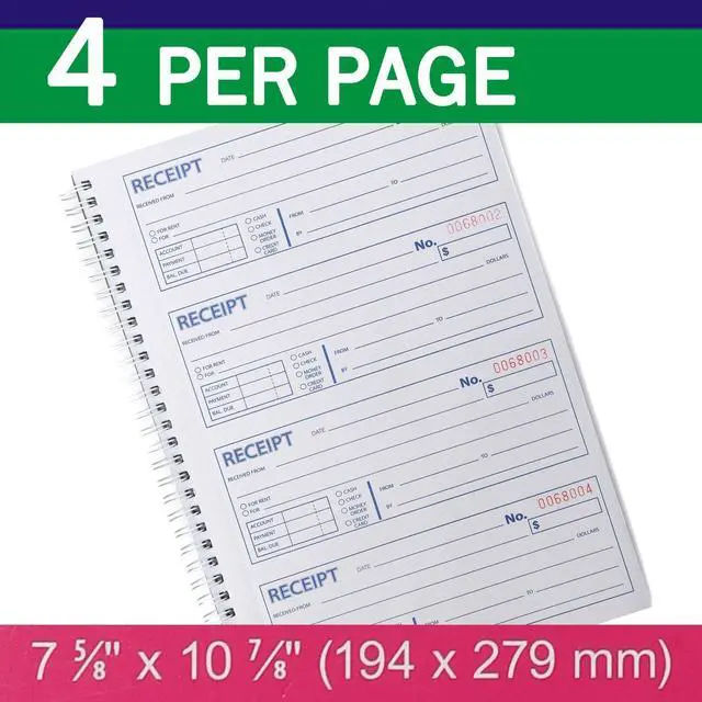 Alt view image 3 of 7 - Money and Rent Receipt Book 2-Part Carbonless 7-5/8" x 11" Spiral Bound 200 Sets per Book 4 Receipts per Page(1pack)