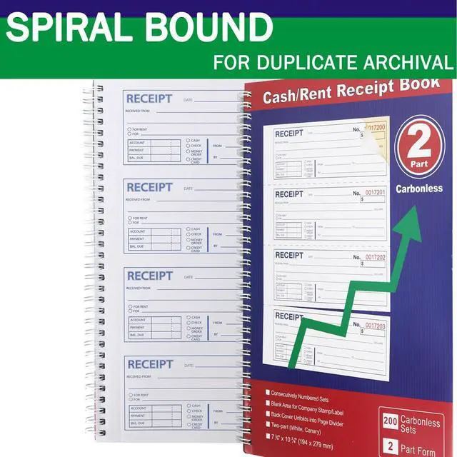 Alt view image 4 of 7 - Money and Rent Receipt Book 2-Part Carbonless 7-5/8" x 11" Spiral Bound 200 Sets per Book 4 Receipts per Page(1pack)