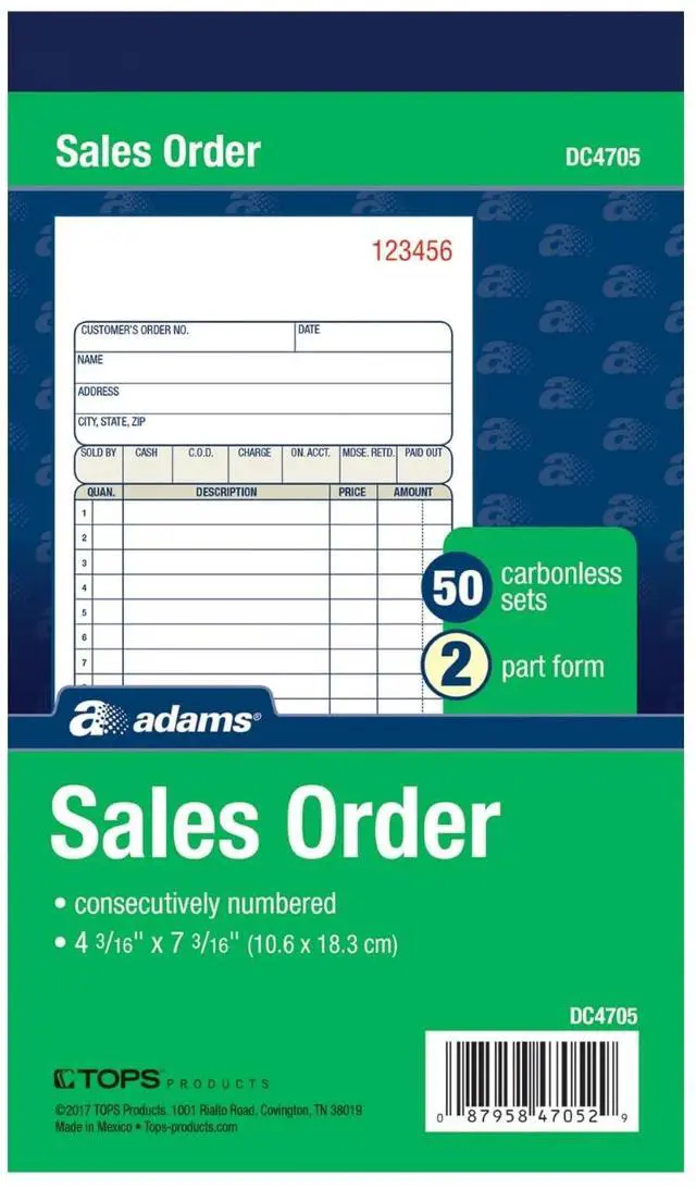 Main image of Adams Sales Order Book, 2-Part, Carbonless, White/Canary, 4-3/16 x 7-3/16 Inches, 50 Sets per Book (DC4705)