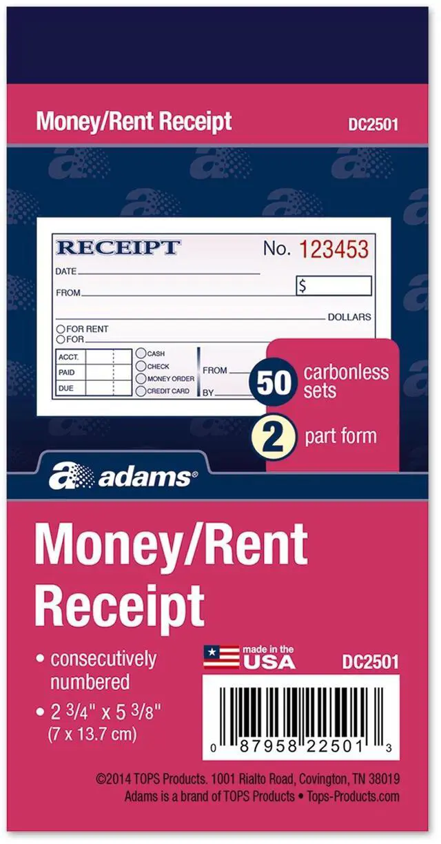 Main image of Adams Money and Rent Receipt, 2-3/4 x 5-3/8 Inches, 2-Parts, Carbonless, White/Canary, 50 Sets per Book, 3 Books (DC2501-3)