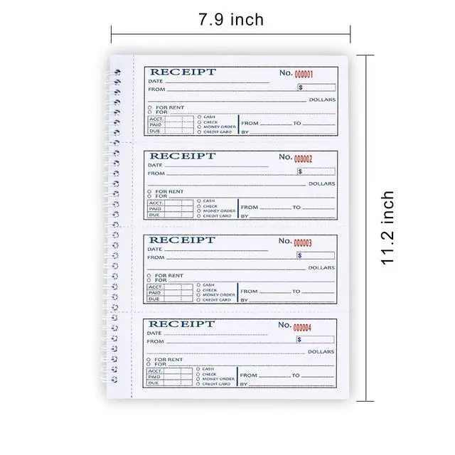 Alt view image 2 of 6 - Large Money and Rent Receipt Book with Cardboard Insert,2-Part Carbonless,7.9x11.2 Spiral Bound,200 Sets per Book,4 Receipts per Page for Office Supplier,Rent and Cash Transaction