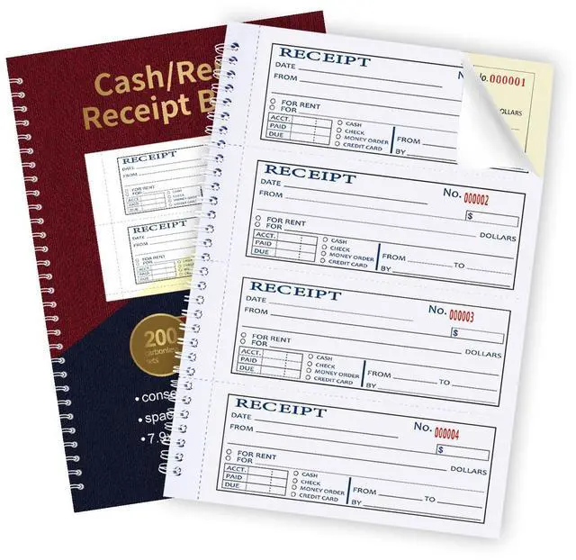 Main image of Large Money and Rent Receipt Book with Cardboard Insert,2-Part Carbonless,7.9x11.2 Spiral Bound,200 Sets per Book,4 Receipts per Page for Office Supplier,Rent and Cash Transaction