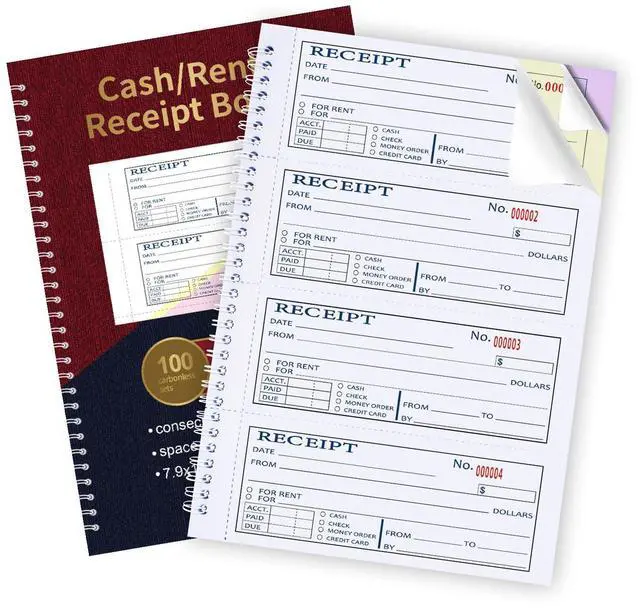 Main image of Large Money and Rent Receipt Book with Cardboard Insert,3-Part Carbonless,7.9x11.2 Spiral Bound,100 Sets per Book,4 Receipts per Page for Office Supplier,Rent and Cash Transaction