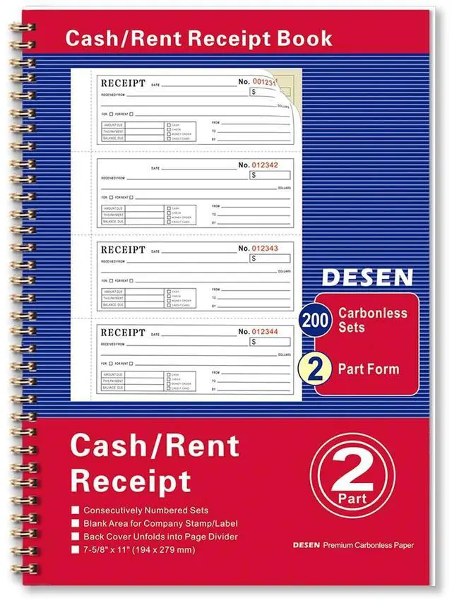 Main image of DESEN Money and Rent Receipt Book, 2-Part Carbonless, 7-5/8" x 11" Spiral Bound, 200 Sets, 4 Receipts Per Page, Wraparound Cover