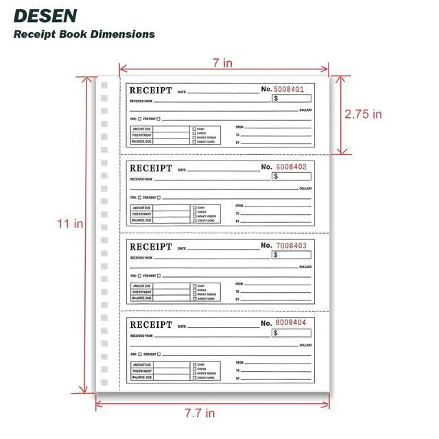 Alt view image 4 of 5 - DESEN Money and Rent Receipt Book, 2-Part Carbonless, 7-5/8" x 11" Spiral Bound, 200 Sets, 4 Receipts Per Page, Wraparound Cover