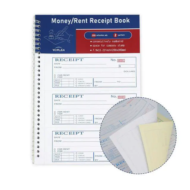 Alt view image 4 of 5 - 2 Packs Receipt Book with Carbon Copies,Money and Rent Receipt Book,2-Part Carbonless,5.31" x 11.22",Spiral Bound,Yellow and Blue Copy,200 Sets per Book