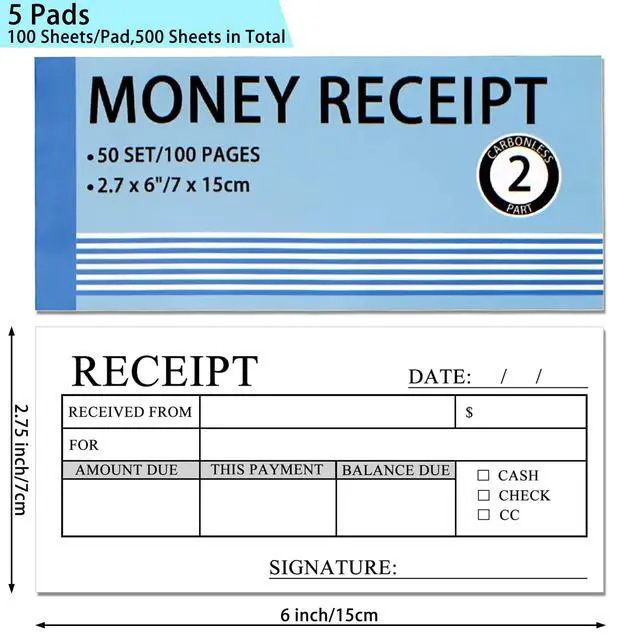 Alt view image 2 of 5 - 5PCS Money and Rent Receipt Book, 2-Part,Carbonless Copy Receipt Book