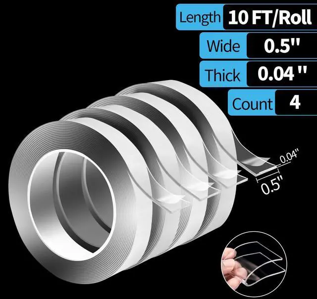 Alt view image 2 of 7 - Art3d Double-Sided Tape (4-Roll of 10FT), Removable, Traceless, Washable, Reusable - Multipurpose Tape as Seen on TV (1/24" x 1/2" x 10', 4)