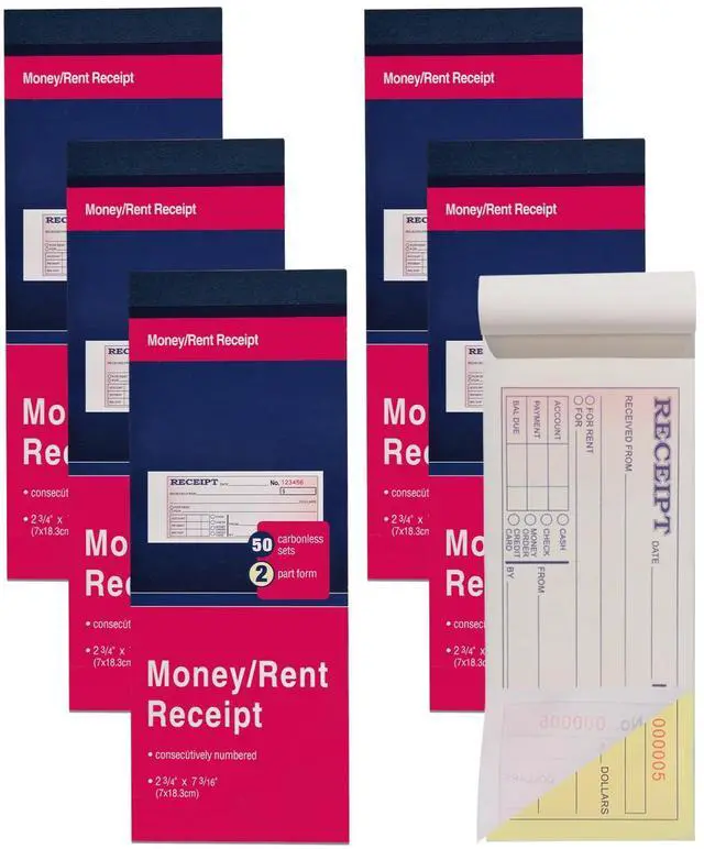 Main image of ANABIUP 6 Pack Receipt Book with Carbon Copies, Money and Rent Receipt Book for Small Business, 2-3/4" x 7-3/16", 2-Part Carbonless, 50 Sets per Book