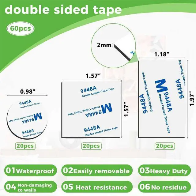 Alt view image 2 of 7 - Double Sided Foam Tape Strong Pad Mounting,Black Self-Adhesive Tape Include Square Round and Rectangular(60Pcs)
