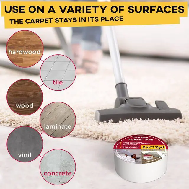 Alt view image 5 of 7 - Carpet Tape Double Sided - Rug Tape Grippers for Hardwood Floors and Area Rugs - Carpet Binding Tape Strong Adhesive and Removable, Heavy Duty Stickers Grip Tape, Residue Free (2 Inch / 12 Yards)