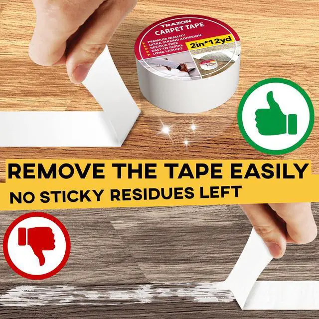 Alt view image 4 of 7 - Carpet Tape Double Sided - Rug Tape Grippers for Hardwood Floors and Area Rugs - Carpet Binding Tape Strong Adhesive and Removable, Heavy Duty Stickers Grip Tape, Residue Free (2 Inch / 12 Yards)
