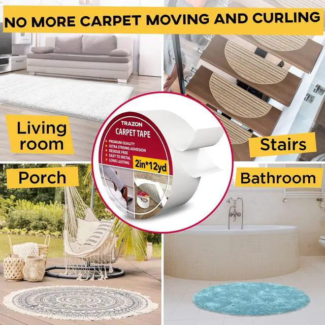 Alt view image 6 of 7 - Carpet Tape Double Sided - Rug Tape Grippers for Hardwood Floors and Area Rugs - Carpet Binding Tape Strong Adhesive and Removable, Heavy Duty Stickers Grip Tape, Residue Free (2 Inch / 12 Yards)