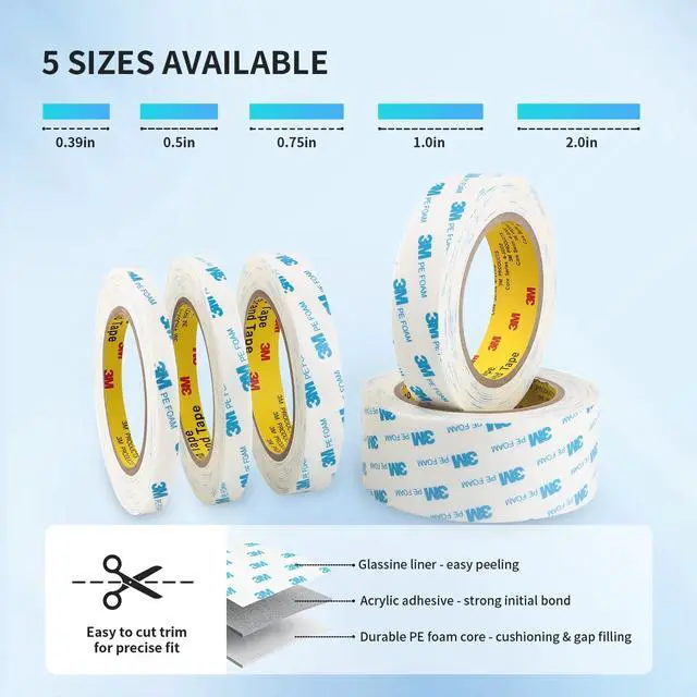 Alt view image 7 of 7 - 3M 1600T Double Sided Tape, 0.39 in x 18 ft White PE Foam Tape