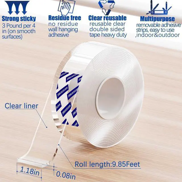 Alt view image 2 of 7 - ZMUAXUAN Strong Nano Double Sided Tape Heavy Duty Mounting,Clear Removable Wall Sticky Adhesive Strips,Reusable Thick Gel Grip for Hanging Picture,Poster,Carpet,Photo