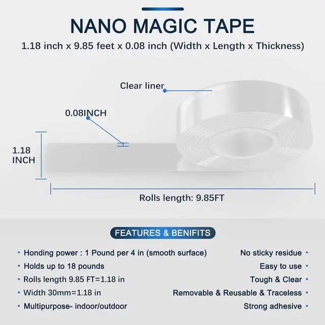 Alt view image 2 of 7 - SANKEMU Double-Sided Tape Heavy Duty 9.84 FT x 1.18 in Clear Removable Mounting Tape for Walls, Carpet, Rugs, Posters Reusable, No-Residue, Indoor/Outdoor Nano Gel Grip