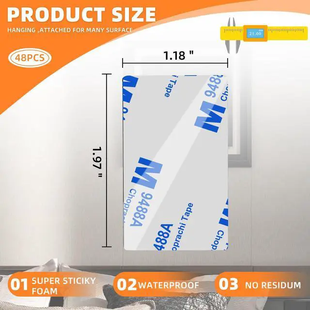 Alt view image 2 of 7 - Double Sided Tape HeavyDuty,Double Sided Tape for Walls,48Pcs 2 Sided Sticky Waterproof Pads,1.96 * 1.18 Inch Super Strong Removable Double-Sided Foam, Mounting Black Hanging Tape for Home & Office