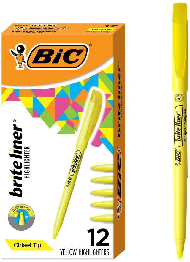 Main image of BIC Brite Liner Highlighters, Chisel Tip, School Supplies for Students and Teachers, Ideal for Notes and Textbooks, 12-Count Pack in Yellow