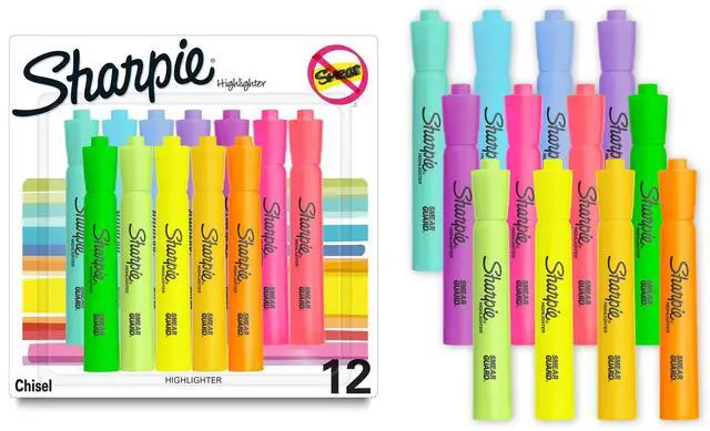 Main image of Sharpie Tank Highlighters, Assorted Colors, Chisel Tip, Back to School Essentials, Teacher & Office Supplies, Smear-Resistant, 12-Pack