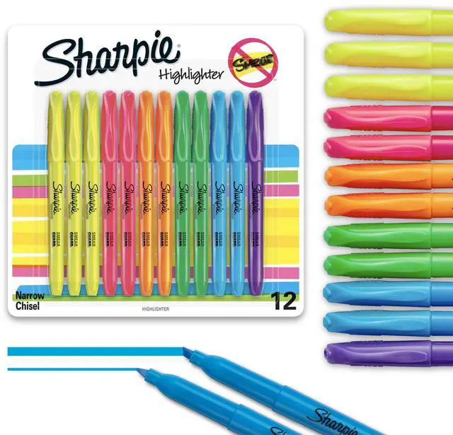 Main image of Sharpie Pocket Highlighters, Chisel Tip, Quick Dry, Assorted Fluorescent Colors, 12 Count - For Studying, Note-Taking, School, College, Office, Student & Teacher Supplies