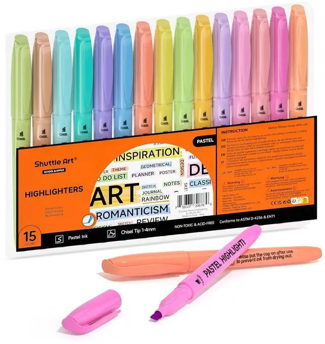 Main image of Shuttle Art Highlighters, 15 Colors Pastel Highlighter Pens Assorted Colors, Chisel Tip Dry-Quickly Non-Toxic Highlighter Markers for Adults Students Highlighting in the Home School Office