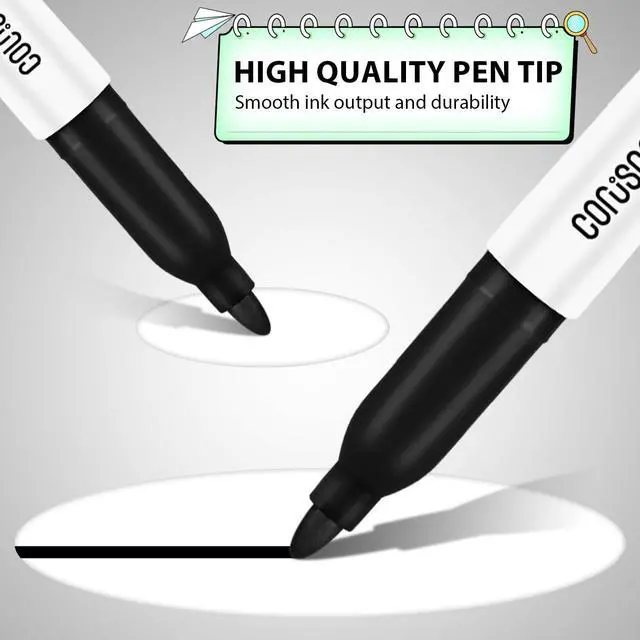 Alt view image 2 of 7 - coruscant Fine Point Permanent Markers Bulk, 18 Pack Black Permanent Markers, Quick Drying Waterproof Fine Tip Markers for Writing & Labeling on Plastic, Wood, Glass, Office School