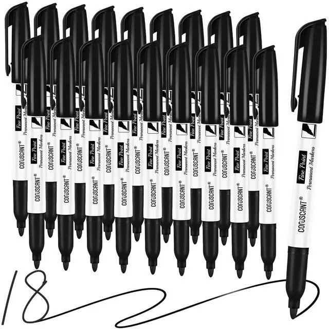 Main image of coruscant Fine Point Permanent Markers Bulk, 18 Pack Black Permanent Markers, Quick Drying Waterproof Fine Tip Markers for Writing & Labeling on Plastic, Wood, Glass, Office School