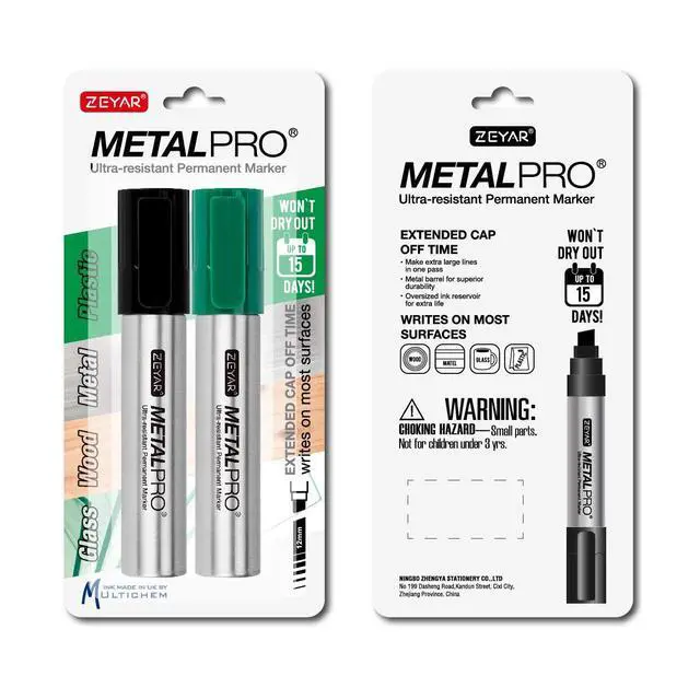 Alt view image 3 of 4 - ZEYAR Permanent Markers Pen, JUMBO Size, Aluminum Barrel, Set of 2, Premium Waterproof & Smear Proof Markers, Quick Drying, Writes on most surfaces (Black & Green)