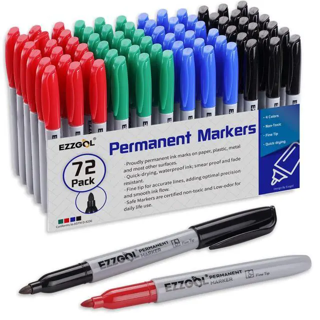 Main image of Ezzgol Permanent Markers Bulk, Permanent Marker Bulk Pack of 72, 4 Assorted Colors, Fine Point Permanent Markers For Adult Coloring as Office, School Supplies