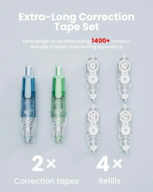 Alt view image 3 of 7 - Four Candies 2-Pack White Correction Tape with 4 Refill Tapes, 118.1 ft, 6mm Width, Refillable Retractable Smooth Tear-Resistant Tape, Pen Shaped Applicator for School Teen & Adults (Blue Green)