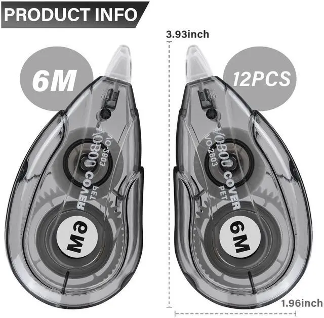 Alt view image 2 of 7 - Vobou White Correction Tape Dispenser, Easy To Use Applicator for Instant Corrections, For school, Office (Black, 12pack, 6M/256, Tape Width 0.2in)