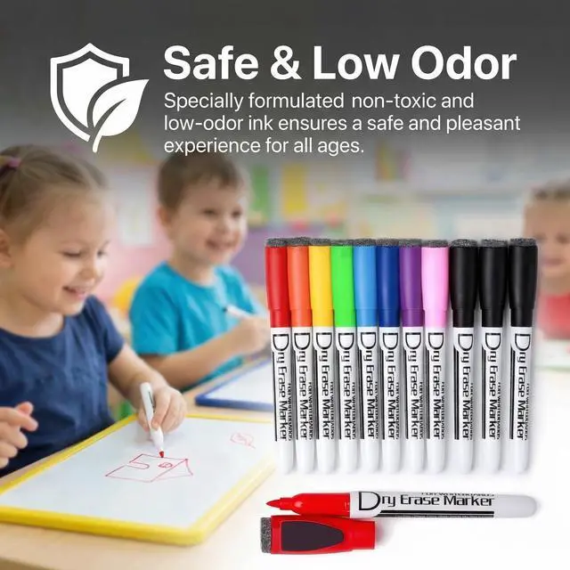 Alt view image 2 of 7 - Volcanics Magnetic Dry Wipe Pens Dry Erase Markers With Eraser Cap Low Odor Fine Tip Whiteboard Pens Pack of 12,10 Colors