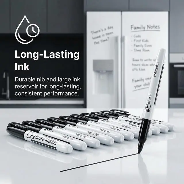 Alt view image 2 of 6 - Volcanics Black Dry Erase Markers Low Odor Fine Whiteboard Markers Thin Box of 12