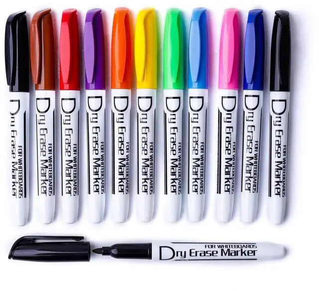 Main image of Dry Erase Markers Low Odor Fine Whiteboard Markers Thin Box of 12, 10 Colors