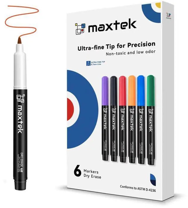 Main image of maxtek Dry Erase Markers Ultra Fine Tip, 0.7mm, Low Oror, Extra Fine Point Dry Erase Markers for Planning Whiteboard, Calendar Boards, 6 Count