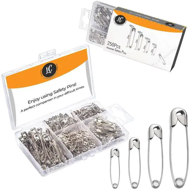 Main image of 250 Pack Safety Pins by Luxurecourt, 4 Assorted Sizes of Durable, Silver Small and Large Safety Pins Bulk, Rust-Resistant Nickel Plated Steel, Sharp Edge Pins for Clothes, Sewing, Arts & Craft