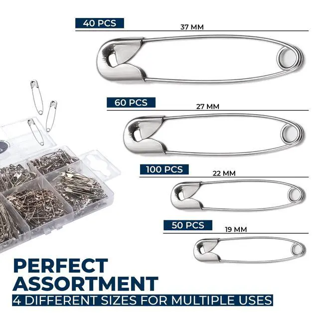 Alt view image 2 of 7 - 250 Pack Safety Pins by Luxurecourt, 4 Assorted Sizes of Durable, Silver Small and Large Safety Pins Bulk, Rust-Resistant Nickel Plated Steel, Sharp Edge Pins for Clothes, Sewing, Arts & Craft