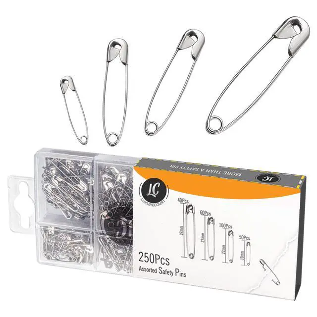 Alt view image 5 of 7 - 250 Pack Safety Pins by Luxurecourt, 4 Assorted Sizes of Durable, Silver Small and Large Safety Pins Bulk, Rust-Resistant Nickel Plated Steel, Sharp Edge Pins for Clothes, Sewing, Arts & Craft
