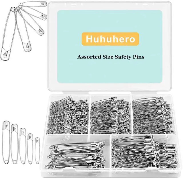 Main image of Huhuhero 340 Pack Safety Pins Assorted, Small & Large Heavy Duty Safety Pins for Clothes Costume Sewing, 5 Different Sizes Nickel Plated Steel Pin Bulk, Crafts Art Supplies, Silver