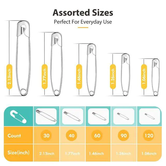 Alt view image 2 of 7 - Huhuhero 340 Pack Safety Pins Assorted, Small & Large Heavy Duty Safety Pins for Clothes Costume Sewing, 5 Different Sizes Nickel Plated Steel Pin Bulk, Crafts Art Supplies, Silver