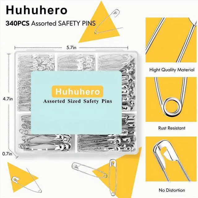 Alt view image 3 of 7 - Huhuhero 340 Pack Safety Pins Assorted, Small & Large Heavy Duty Safety Pins for Clothes Costume Sewing, 5 Different Sizes Nickel Plated Steel Pin Bulk, Crafts Art Supplies, Silver