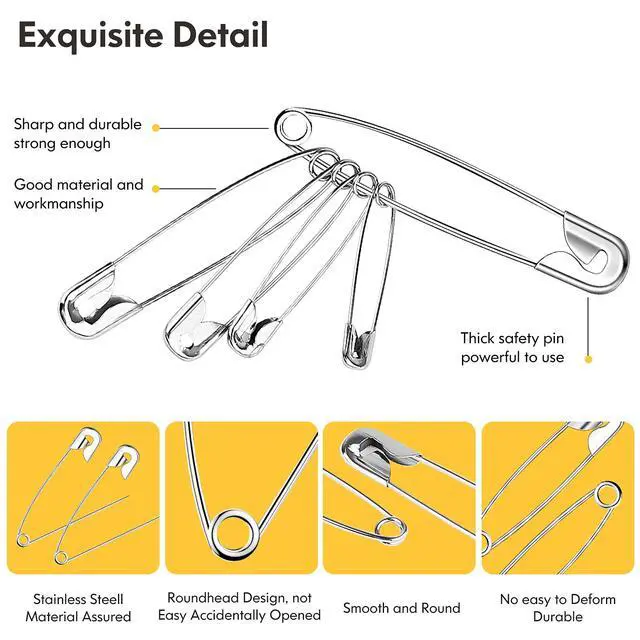 Alt view image 5 of 7 - Huhuhero 340 Pack Safety Pins Assorted, Small & Large Heavy Duty Safety Pins for Clothes Costume Sewing, 5 Different Sizes Nickel Plated Steel Pin Bulk, Crafts Art Supplies, Silver