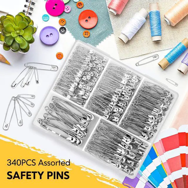 Alt view image 6 of 7 - Huhuhero 340 Pack Safety Pins Assorted, Small & Large Heavy Duty Safety Pins for Clothes Costume Sewing, 5 Different Sizes Nickel Plated Steel Pin Bulk, Crafts Art Supplies, Silver