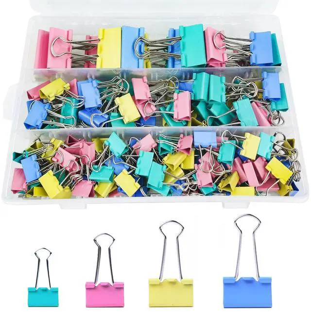 Main image of 170 Pcs Binder Clips Assorted Sizes, Colored Large, Medium, Small Binder Paper Clips for Office Supplies, Home, School Document Organizing (Blue, Pink, Yellow, Green)