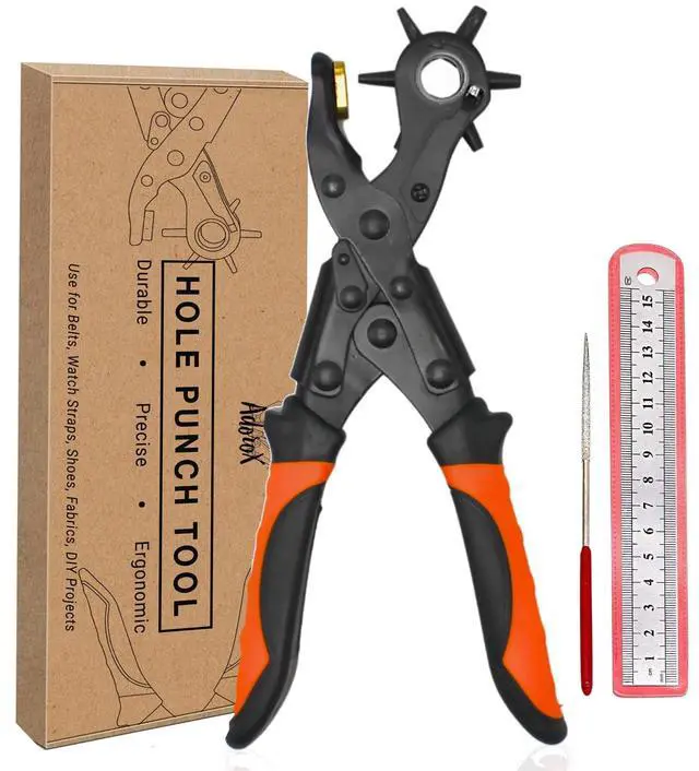 Main image of Adorox Heavy Duty Quality & Professional Design Revolving Hole Punch Pliers Kit with Steel Ruler & File, Puncher with 6 Hole Sizes for Belts, Watch Straps, Saddles, Shoes & DIY Crafts