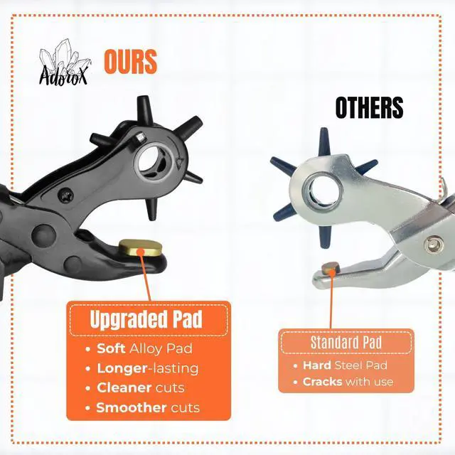 Alt view image 2 of 7 - Adorox Heavy Duty Quality & Professional Design Revolving Hole Punch Pliers Kit with Steel Ruler & File, Puncher with 6 Hole Sizes for Belts, Watch Straps, Saddles, Shoes & DIY Crafts
